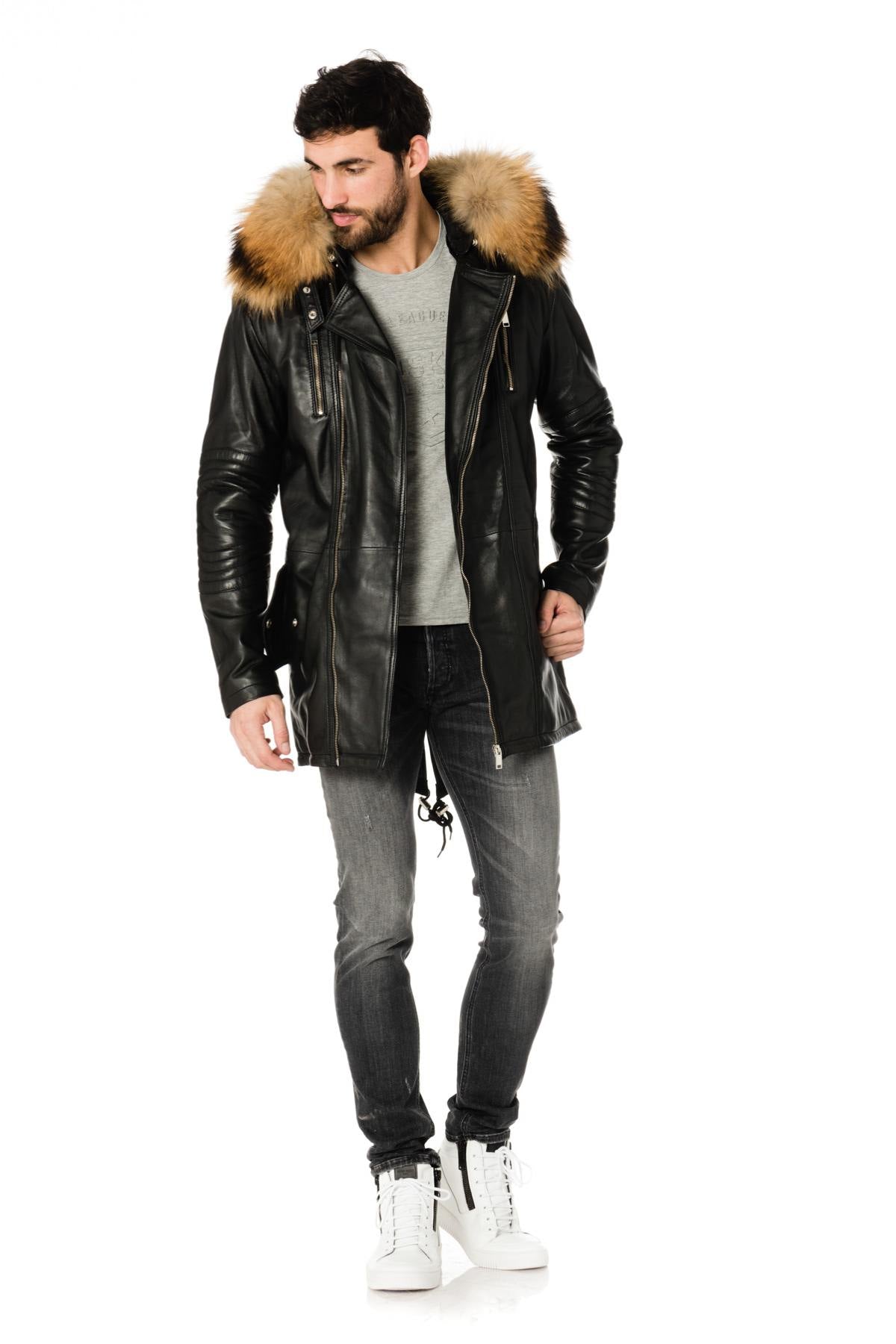 Men's sheepskin leather coat with fur collar - Image n°2