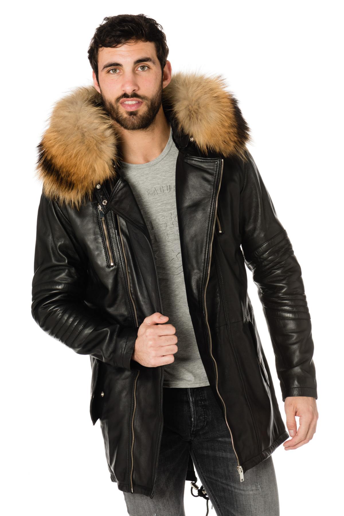 Men's sheepskin leather coat with fur collar - Image n°3