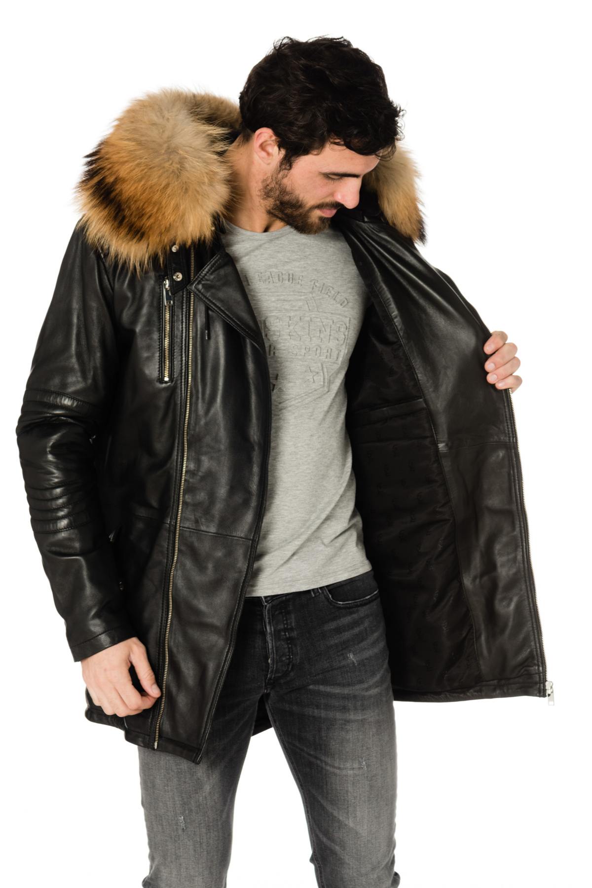 Men's sheepskin leather coat with fur collar - Image n°5