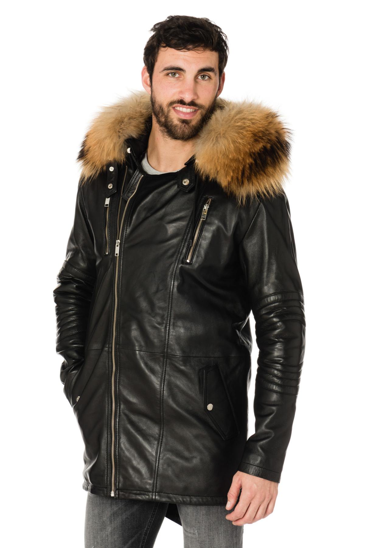 Men's sheepskin leather coat with fur collar - Image n°1