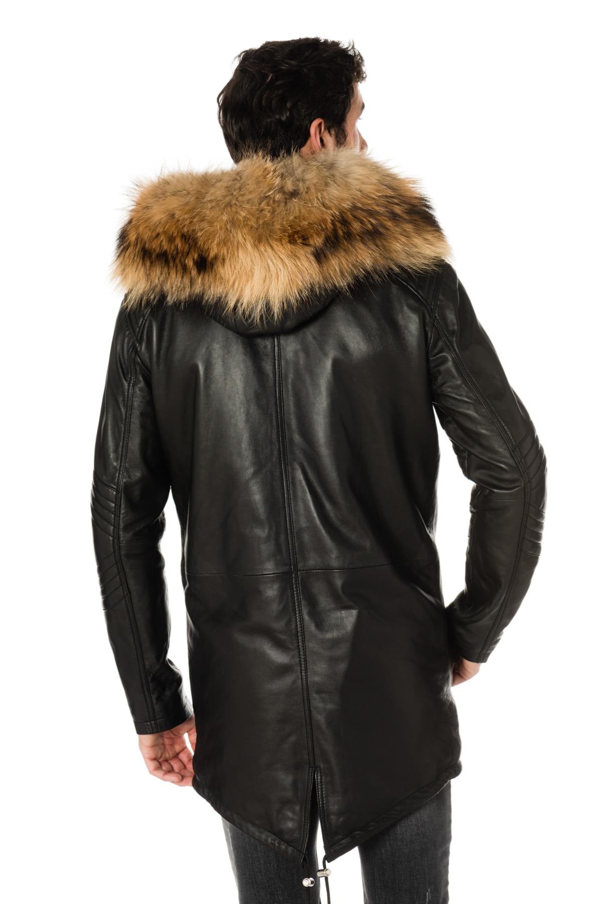 Men's sheepskin leather coat with fur collar - Image n°6