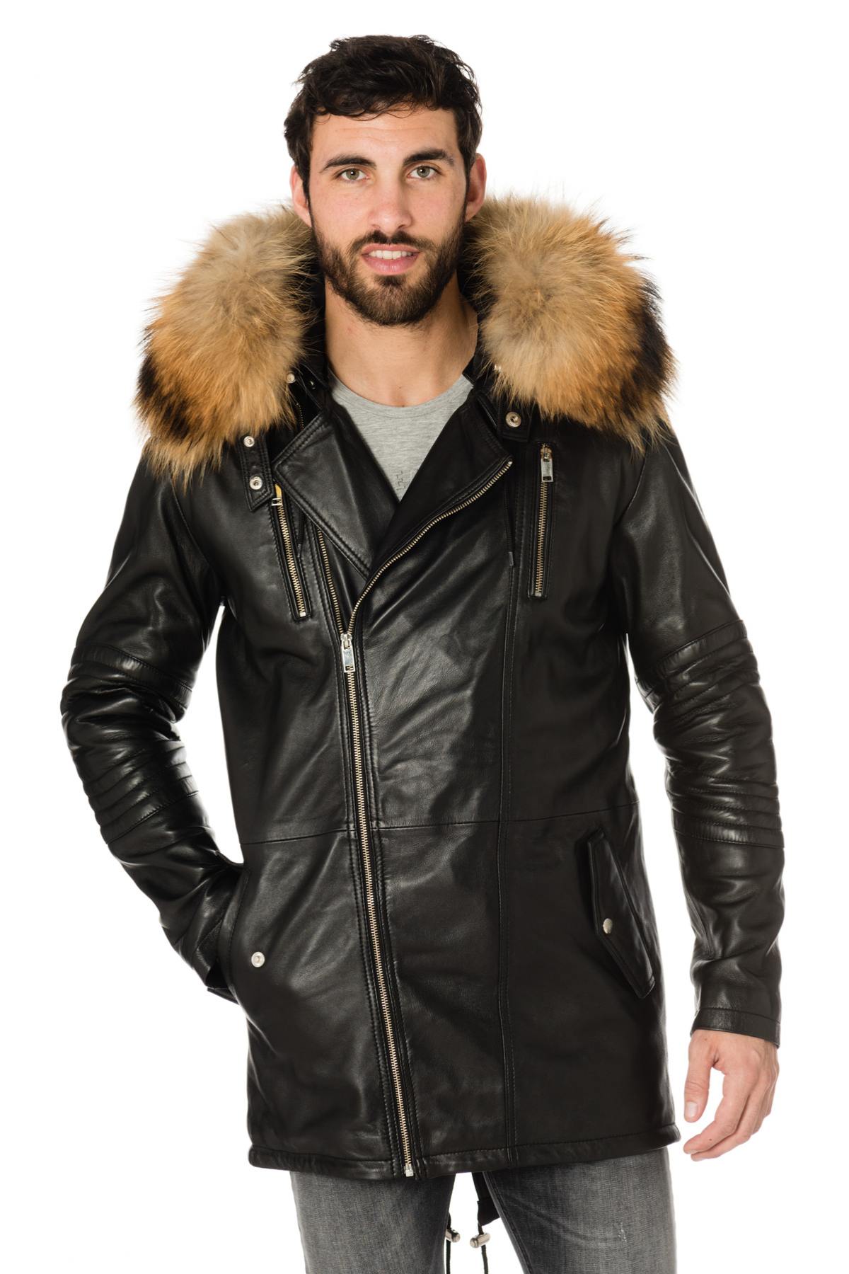 Men's sheepskin leather coat with fur collar - Image n°4