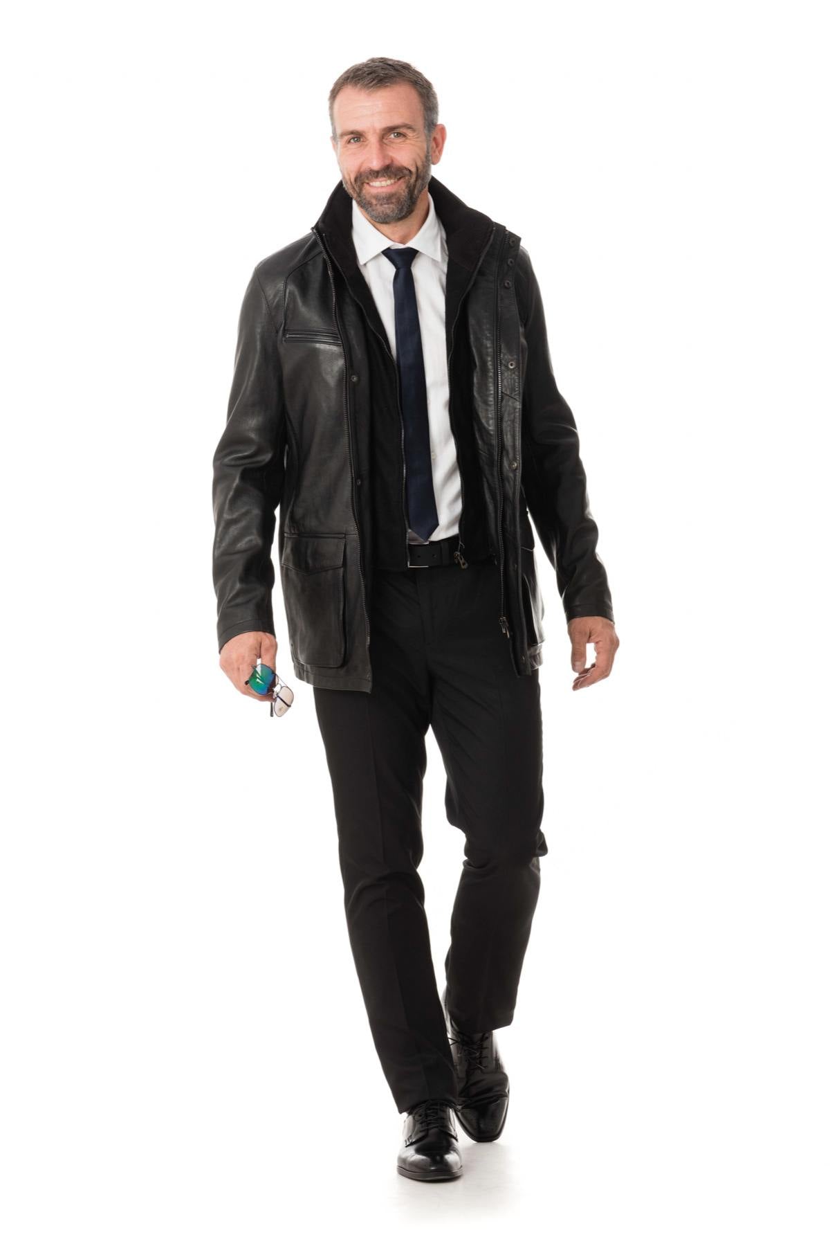 Stand-up collar jacket in black lambskin - Image n°2