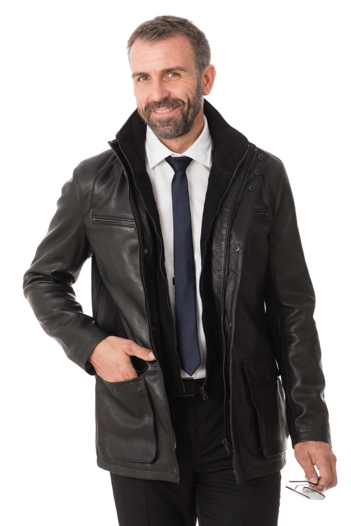 Stand-up collar jacket in black lambskin - Image n°3