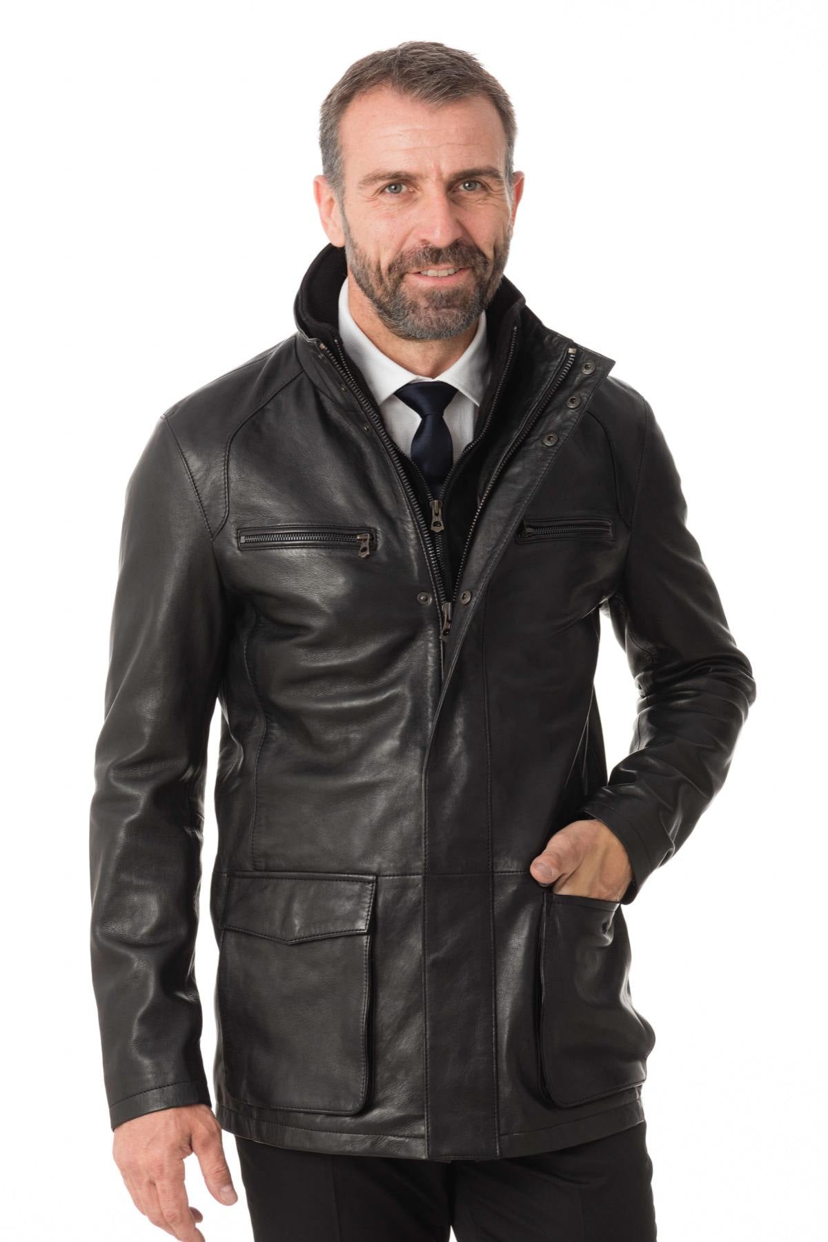 Stand-up collar jacket in black lambskin - Image n°1