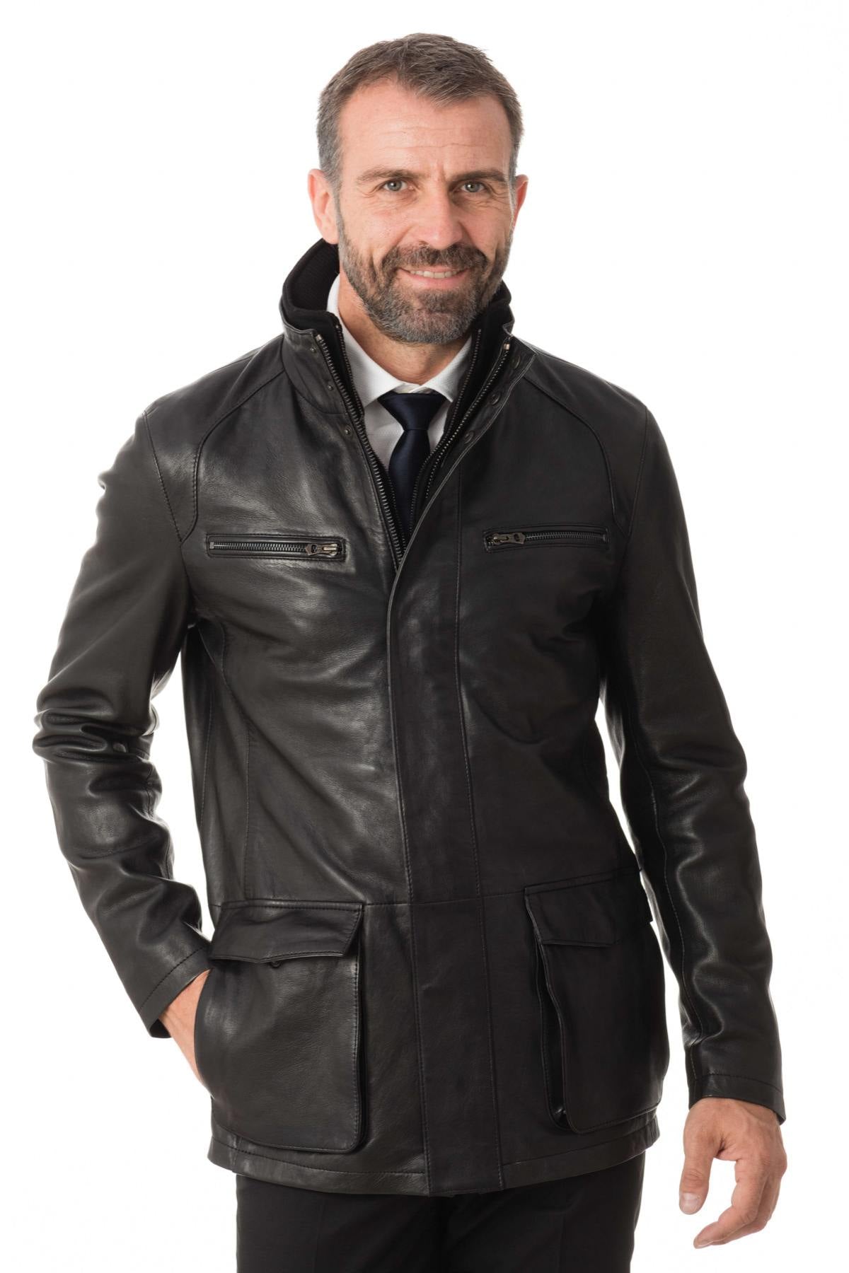 Stand-up collar jacket in black lambskin - Image n°5