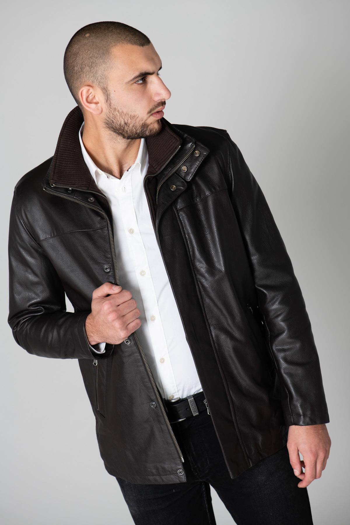 Dayton men's mid-length jacket in brown leather - Image n°5