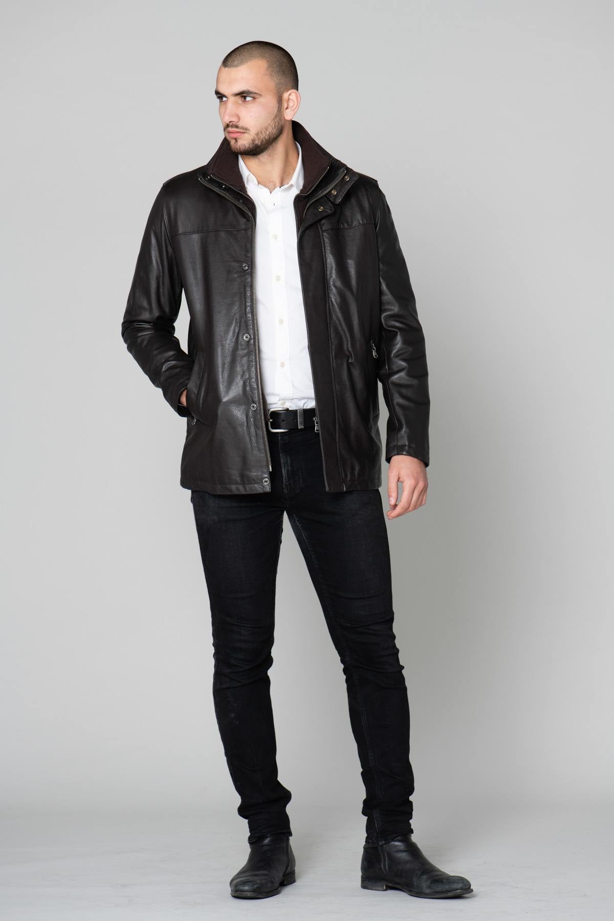 Dayton men's mid-length jacket in brown leather - Image n°4