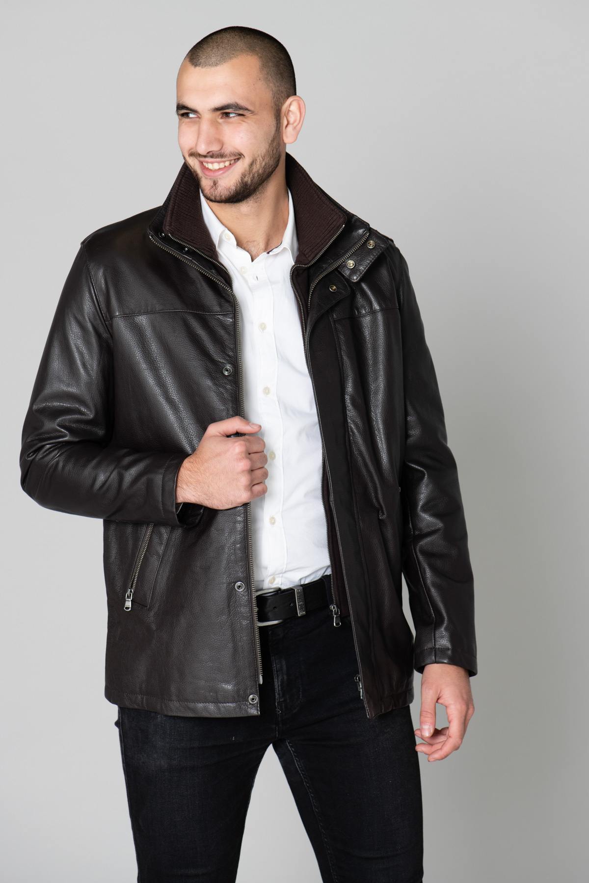 Dayton men's mid-length jacket in brown leather - Image n°1