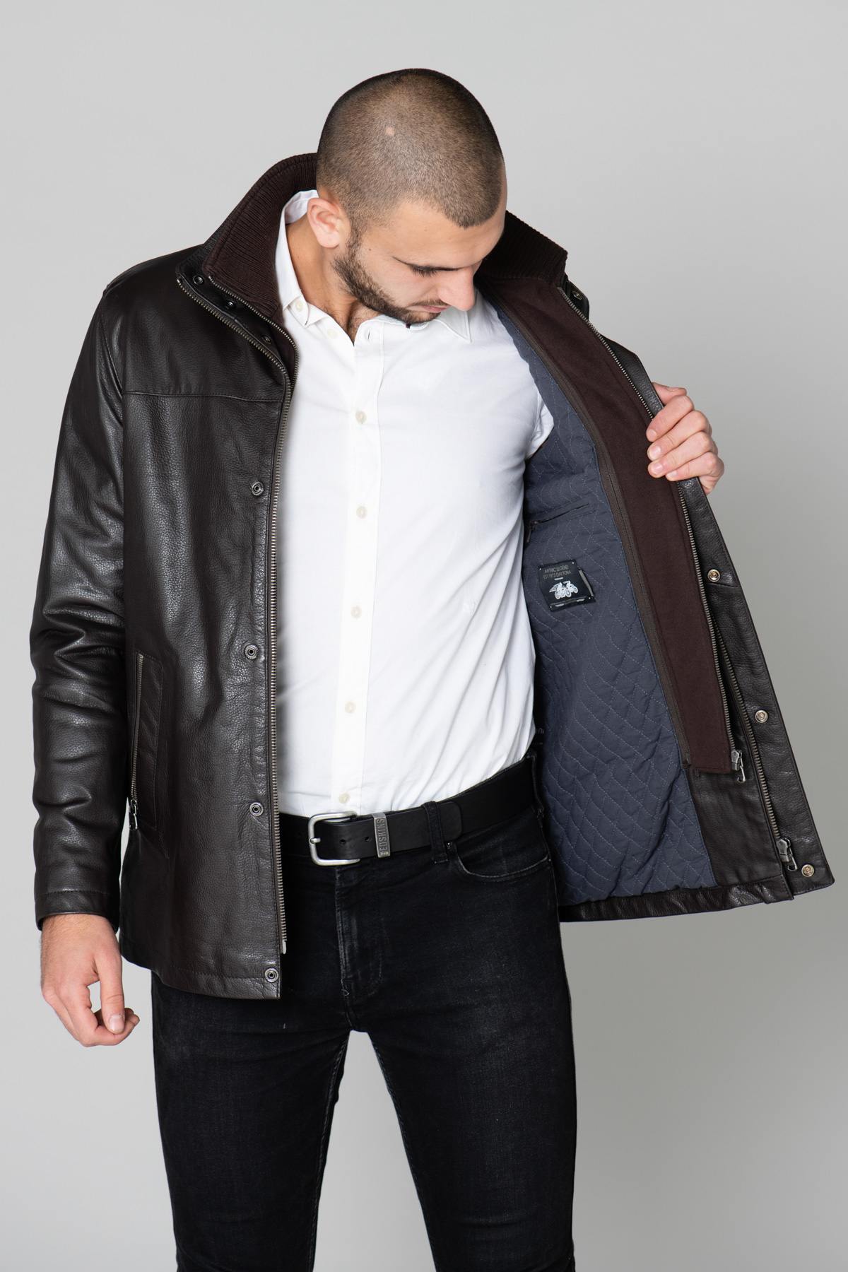 Dayton men's mid-length jacket in brown leather - Image n°6