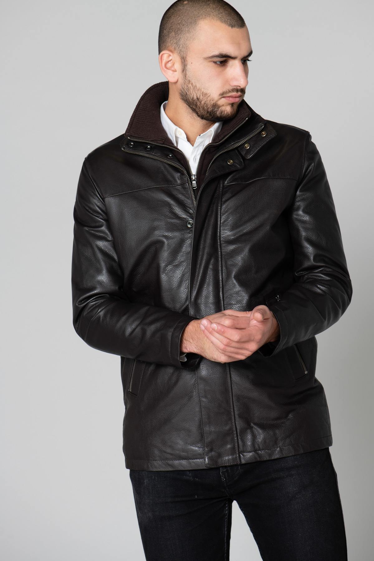 Dayton men's mid-length jacket in brown leather - Image n°3