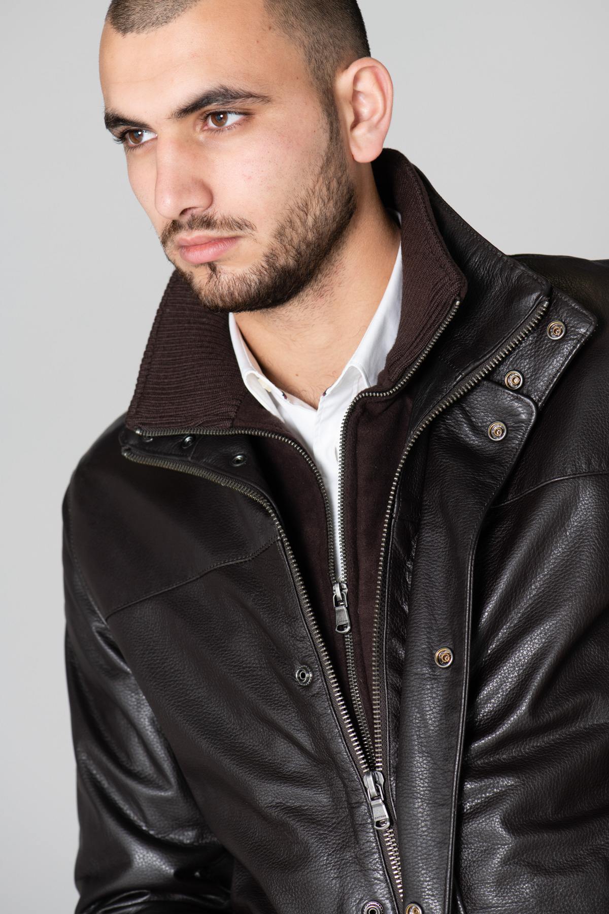 Dayton men's mid-length jacket in brown leather - Image n°2