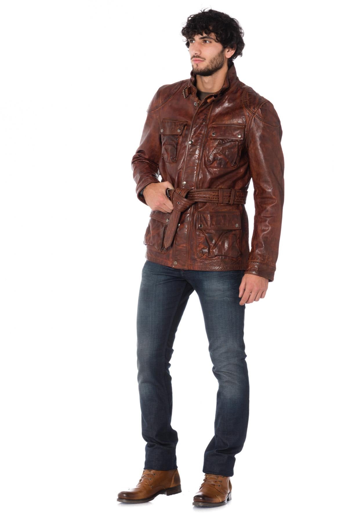 Safari jacket in aged cognac cowhide leather - Image n°2