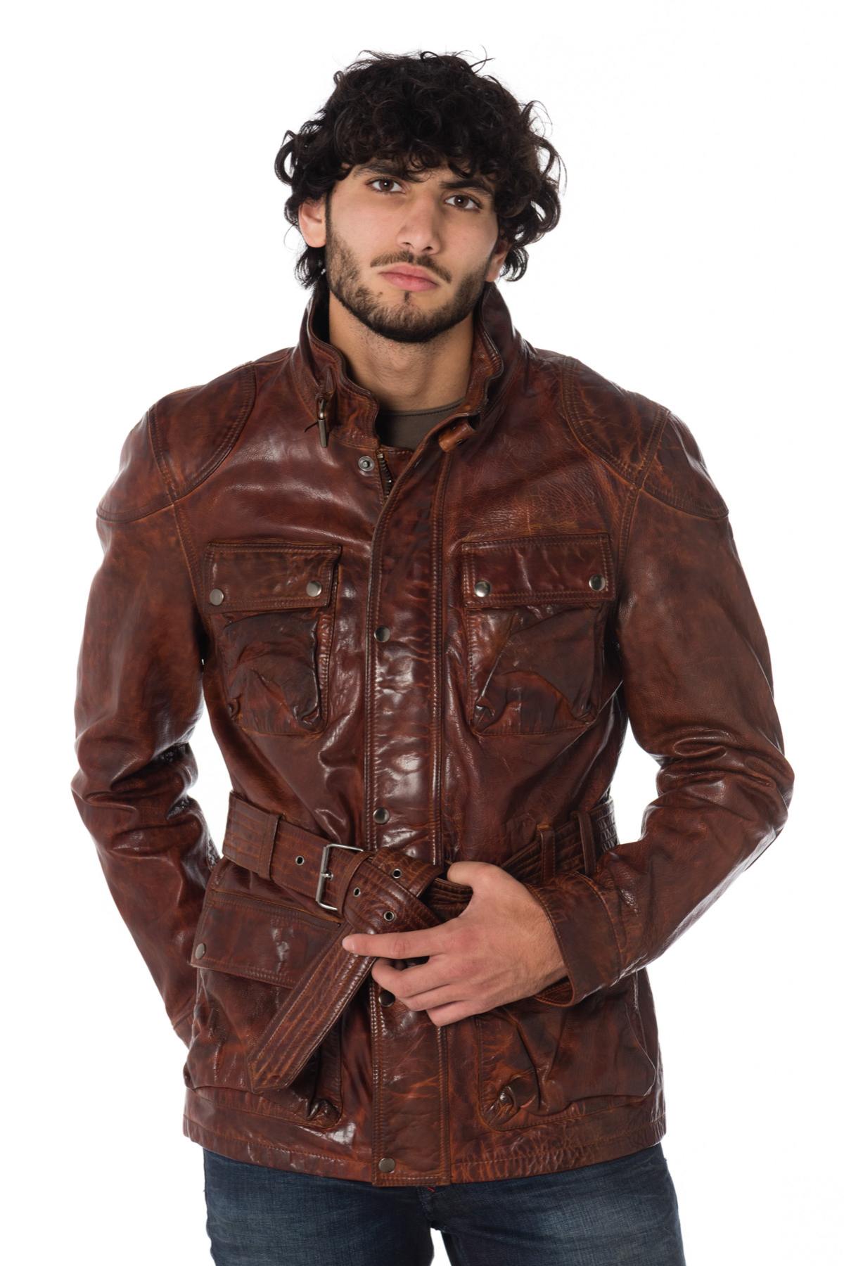 Safari jacket in aged cognac cowhide leather - Image n°1