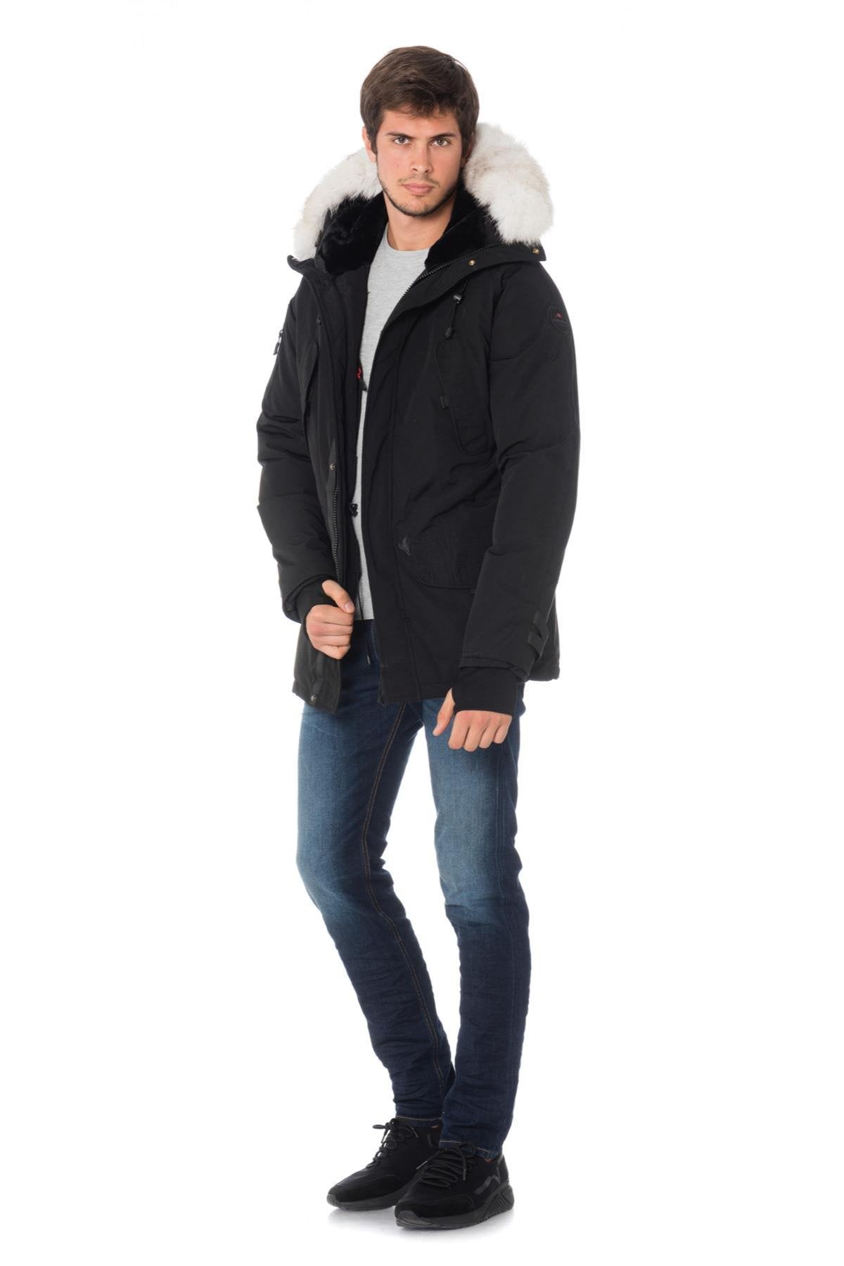 Men's navy blue parka with white fur - Image n°2