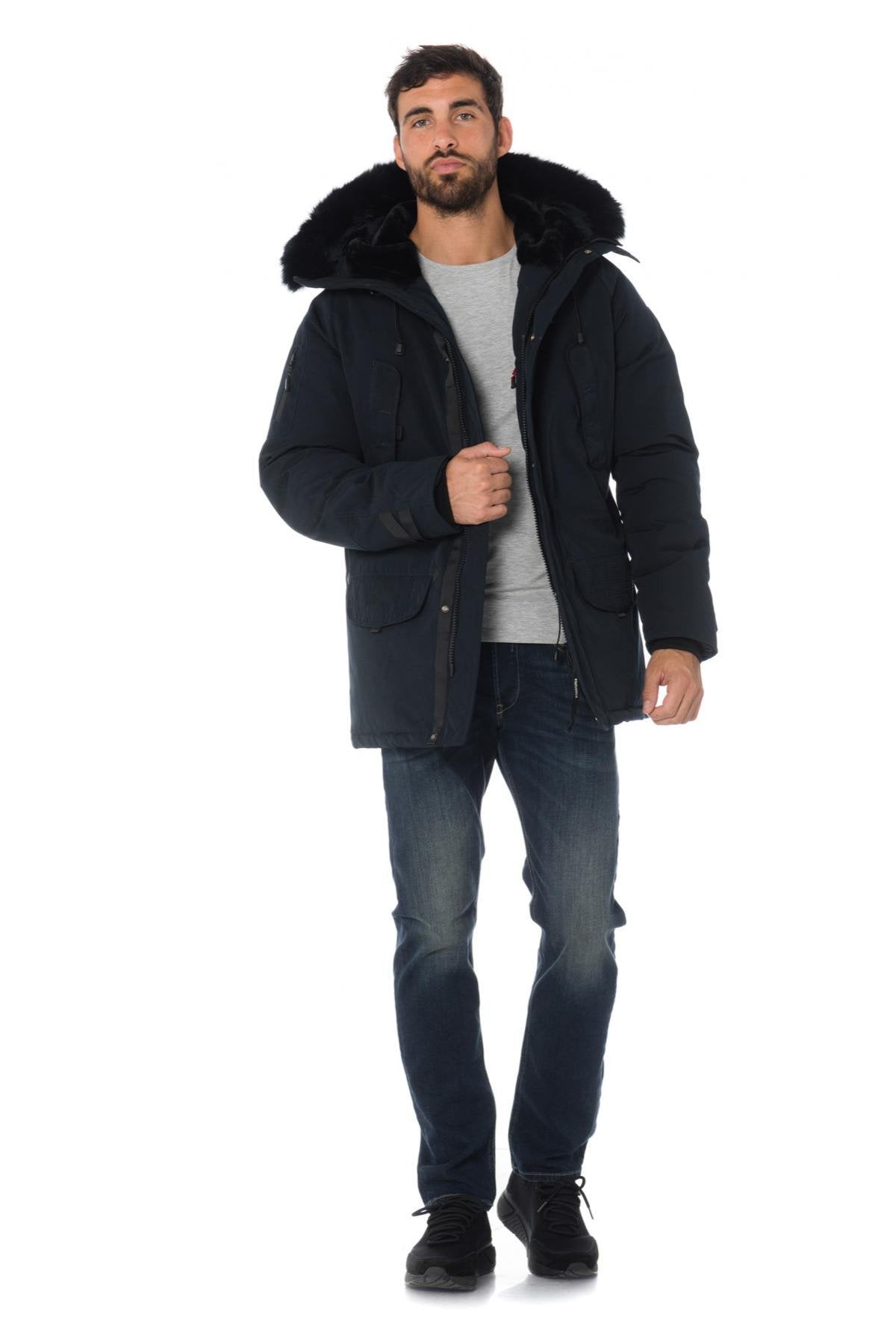 Men's navy blue parka with black collar Helvetica - Image n°2