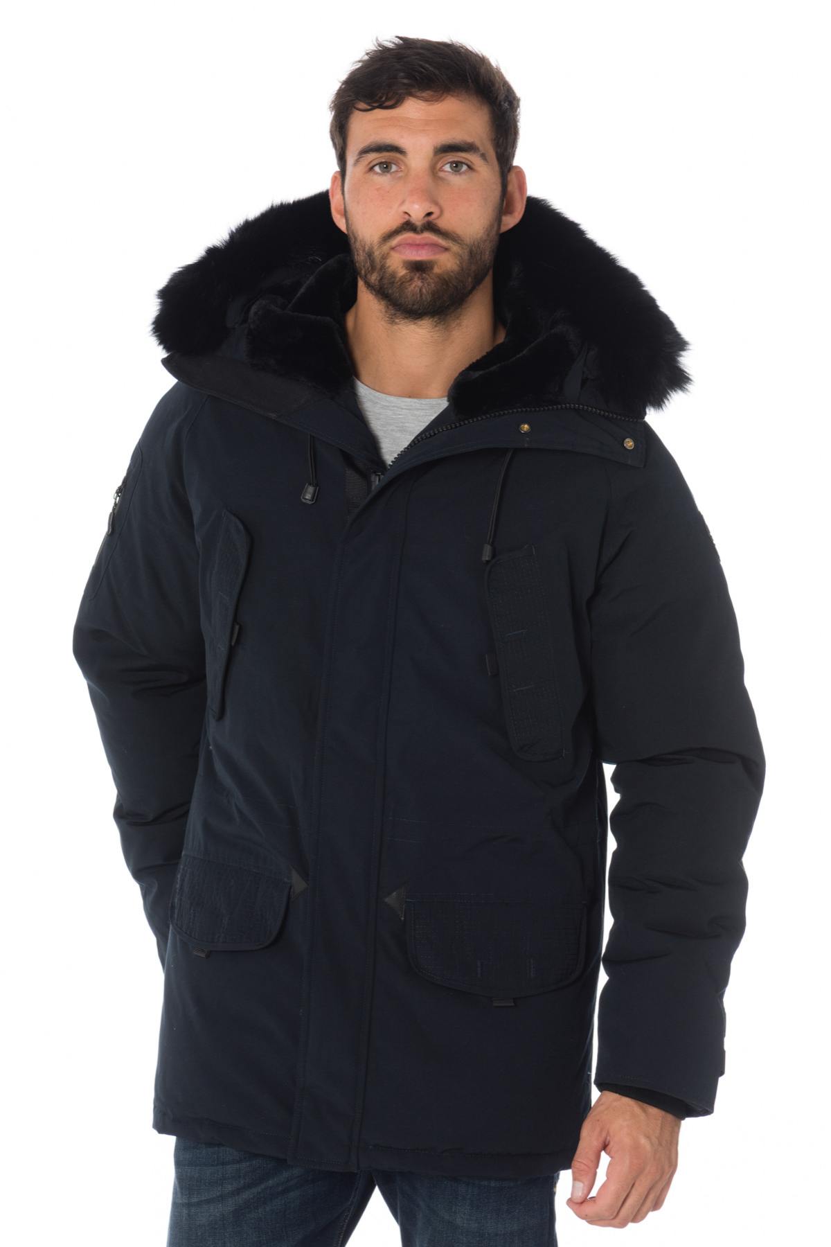 Men's navy blue parka with black collar Helvetica - Image n°1