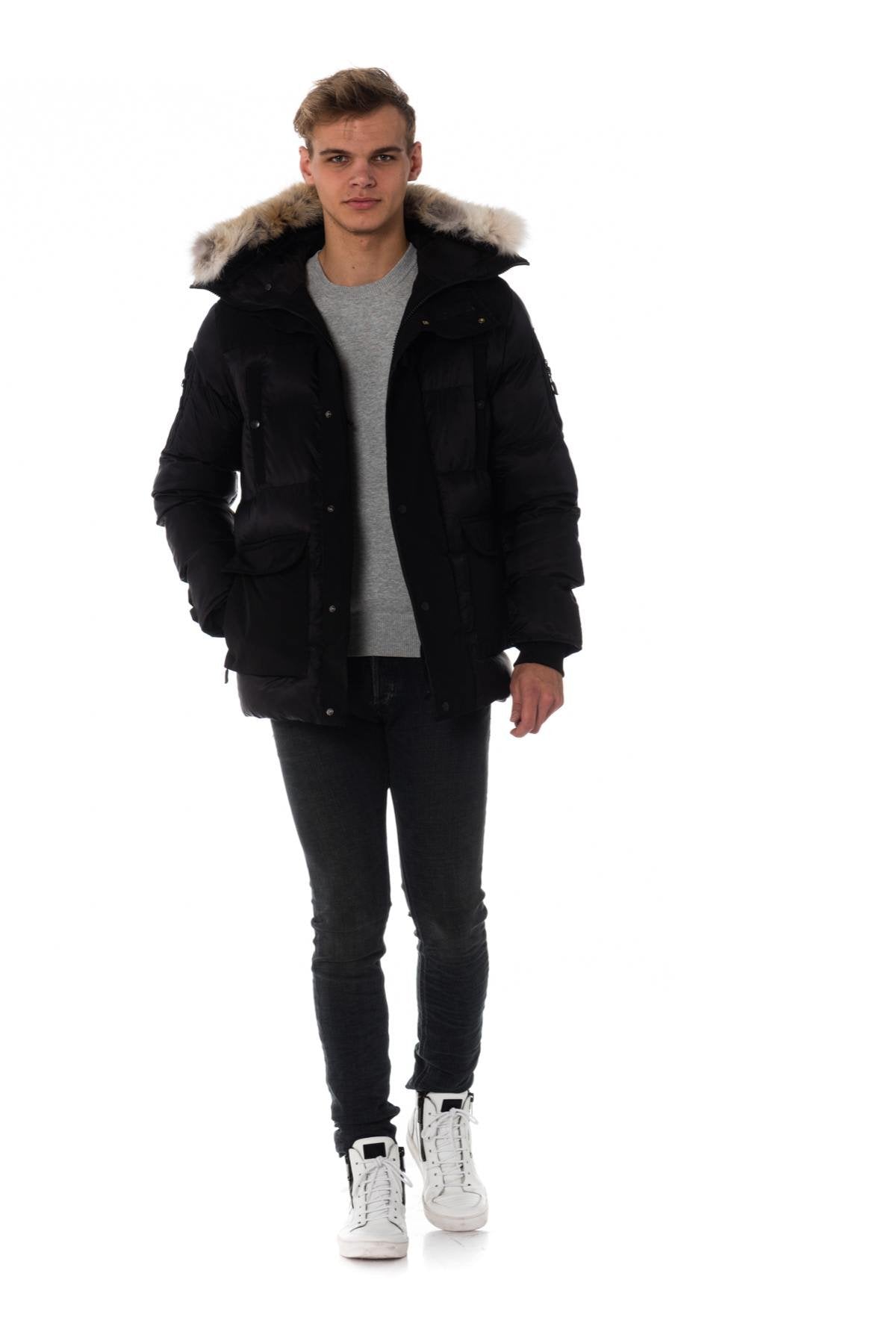 Black men's parka with white collar Helvetica - Image n°2