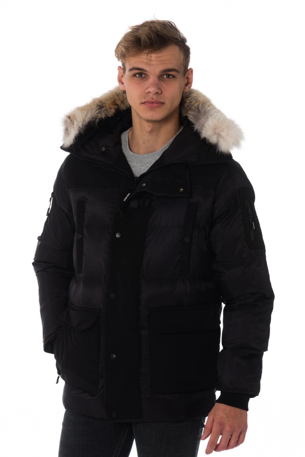 Black men's parka with white collar Helvetica - Image n°1