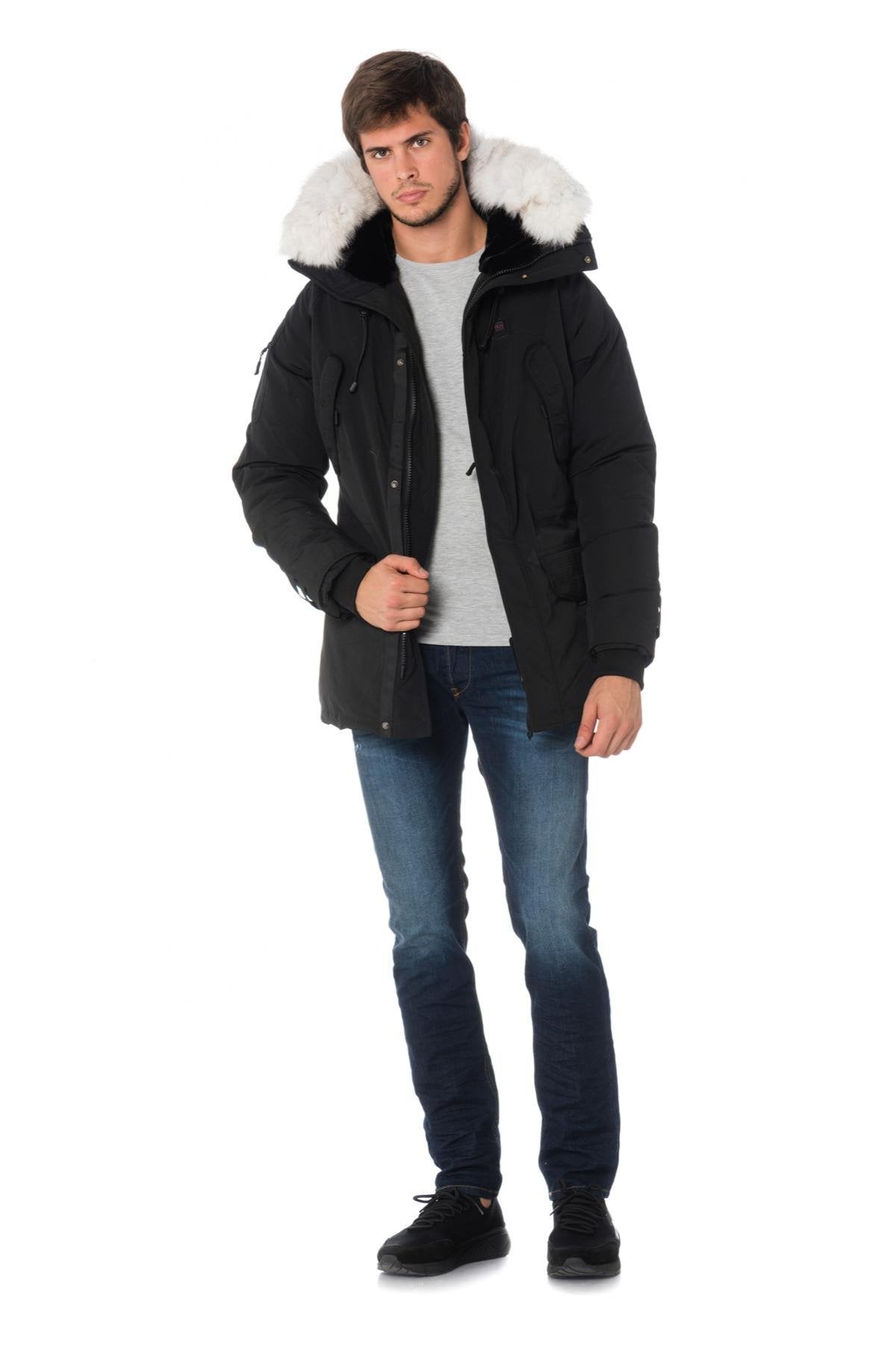 Helvetica men's black heated parka with white collar - Image n°2