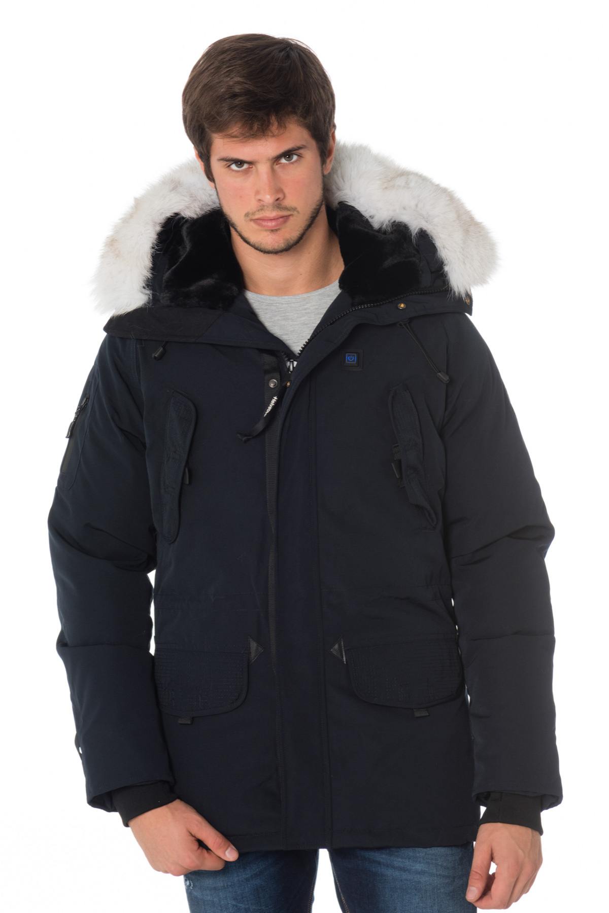 Men's navy blue heated parka with white collar - Image n°2