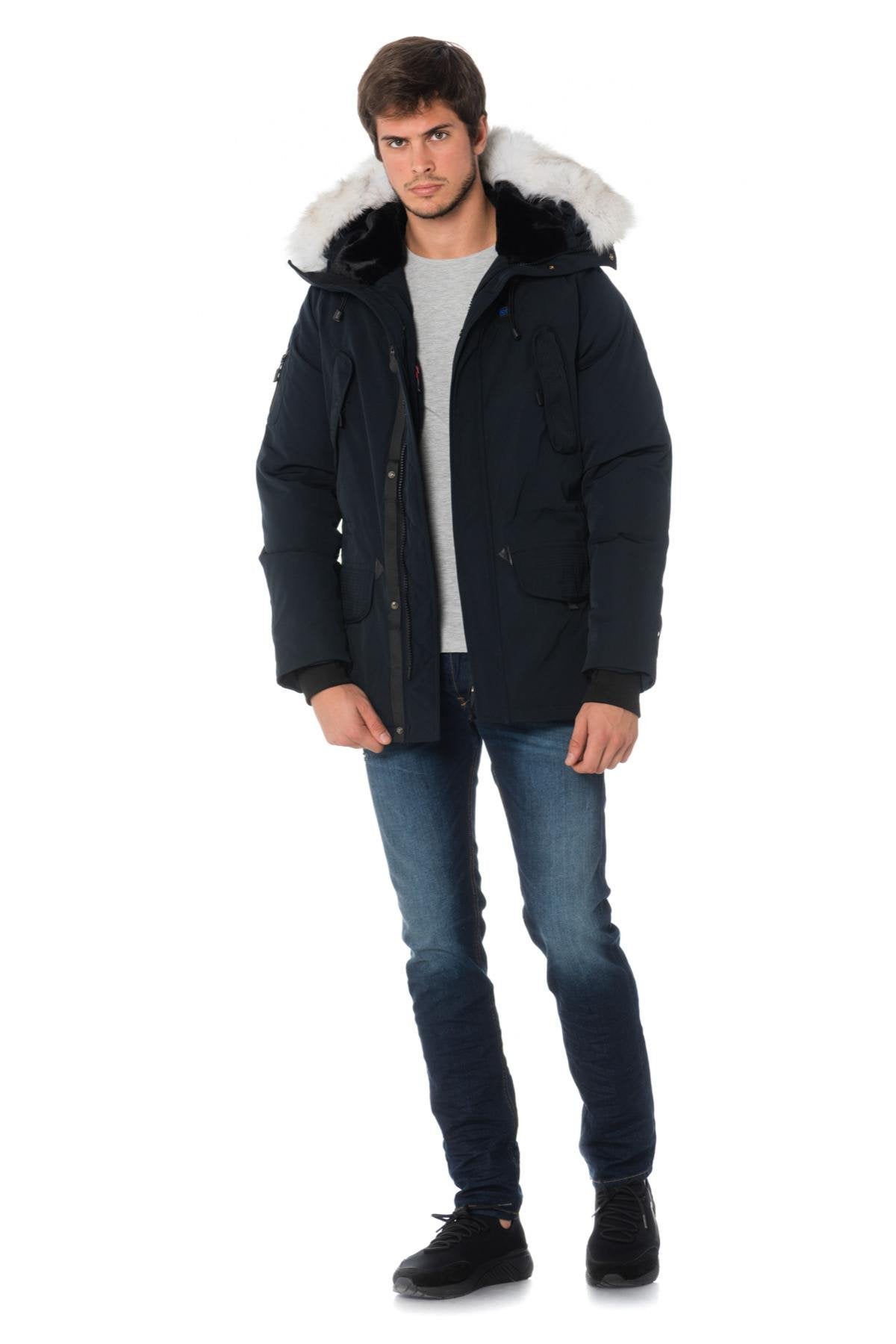 Men's navy blue heated parka with white collar - Image n°3