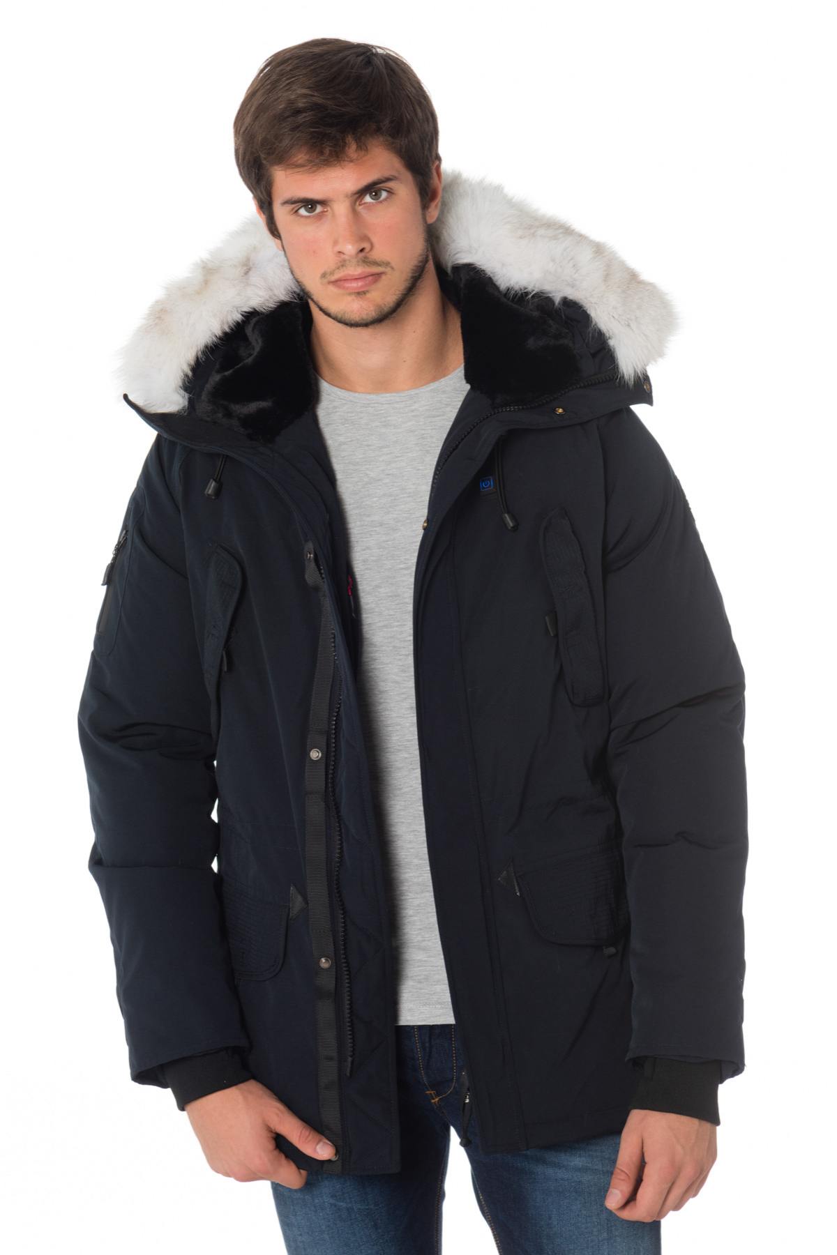 Men's navy blue heated parka with white collar - Image n°1