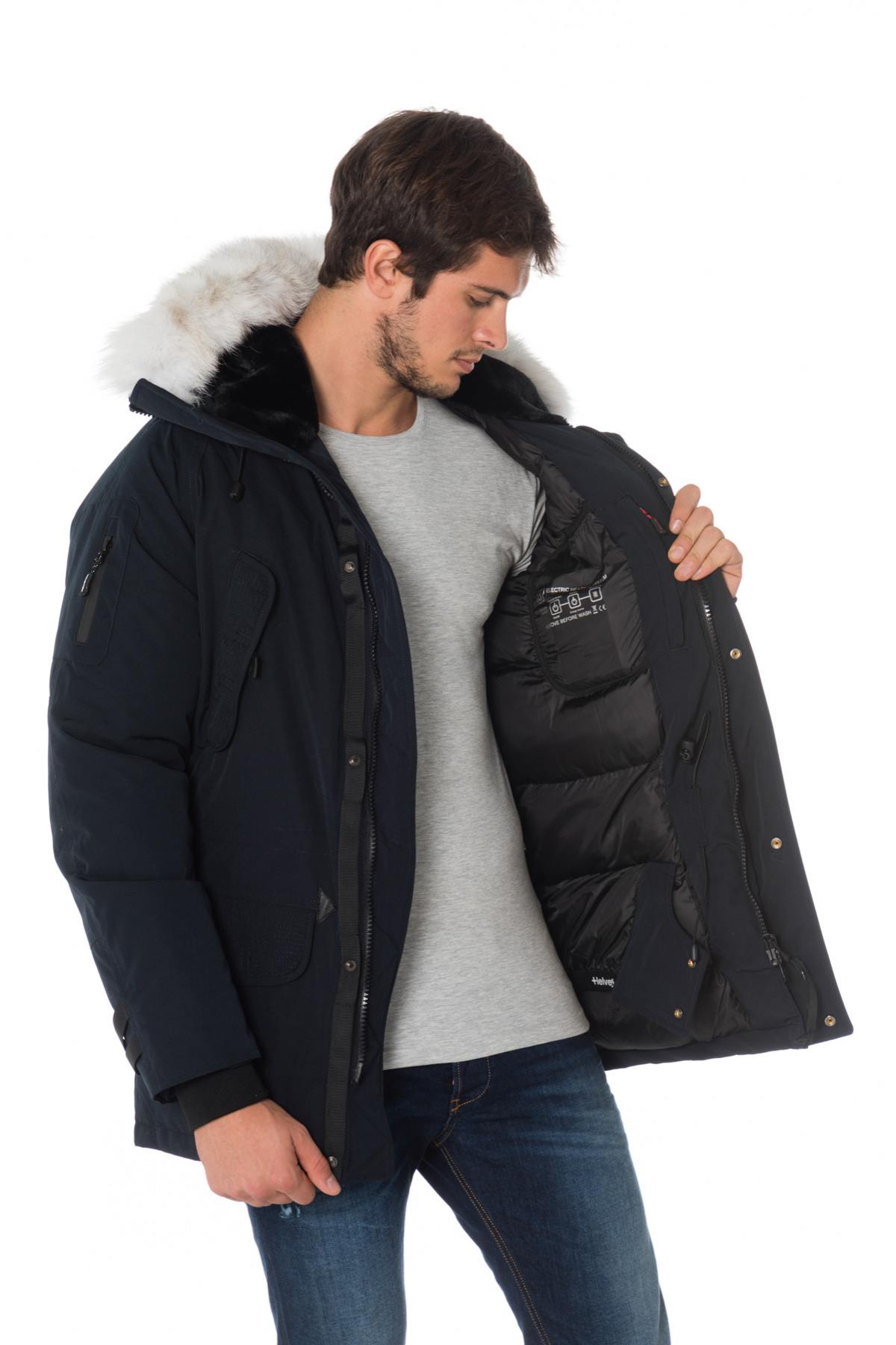 Men's navy blue heated parka with white collar - Image n°6