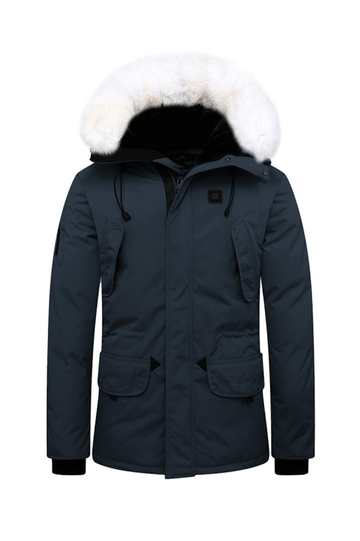 Men's navy blue heated parka with white collar - Image n°4