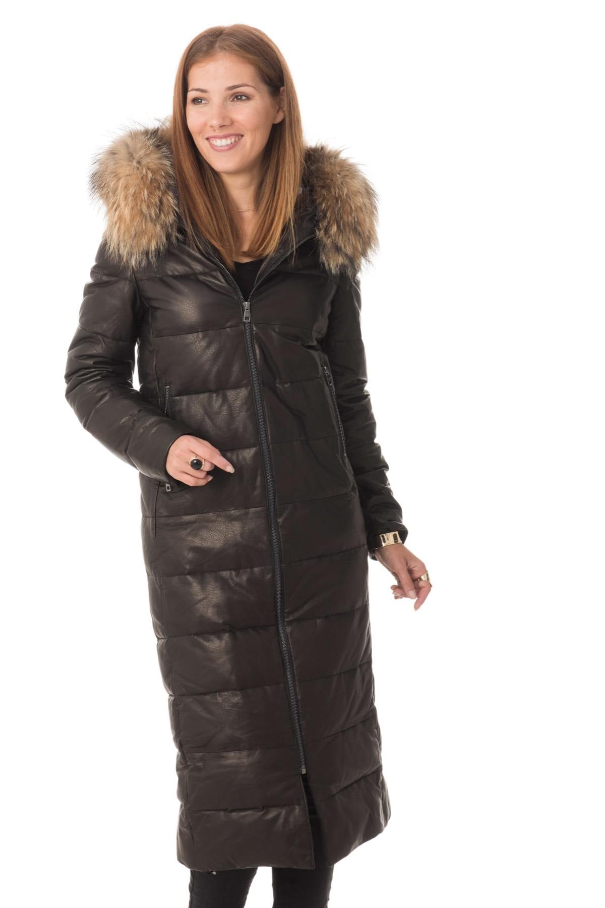 Long grained lambskin leather down jacket - Image n°1