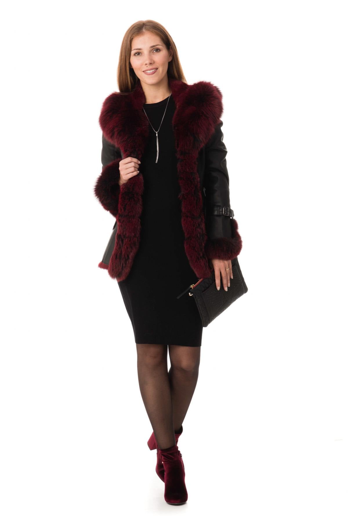 Black and red shearling rabbit jacket - Image n°2