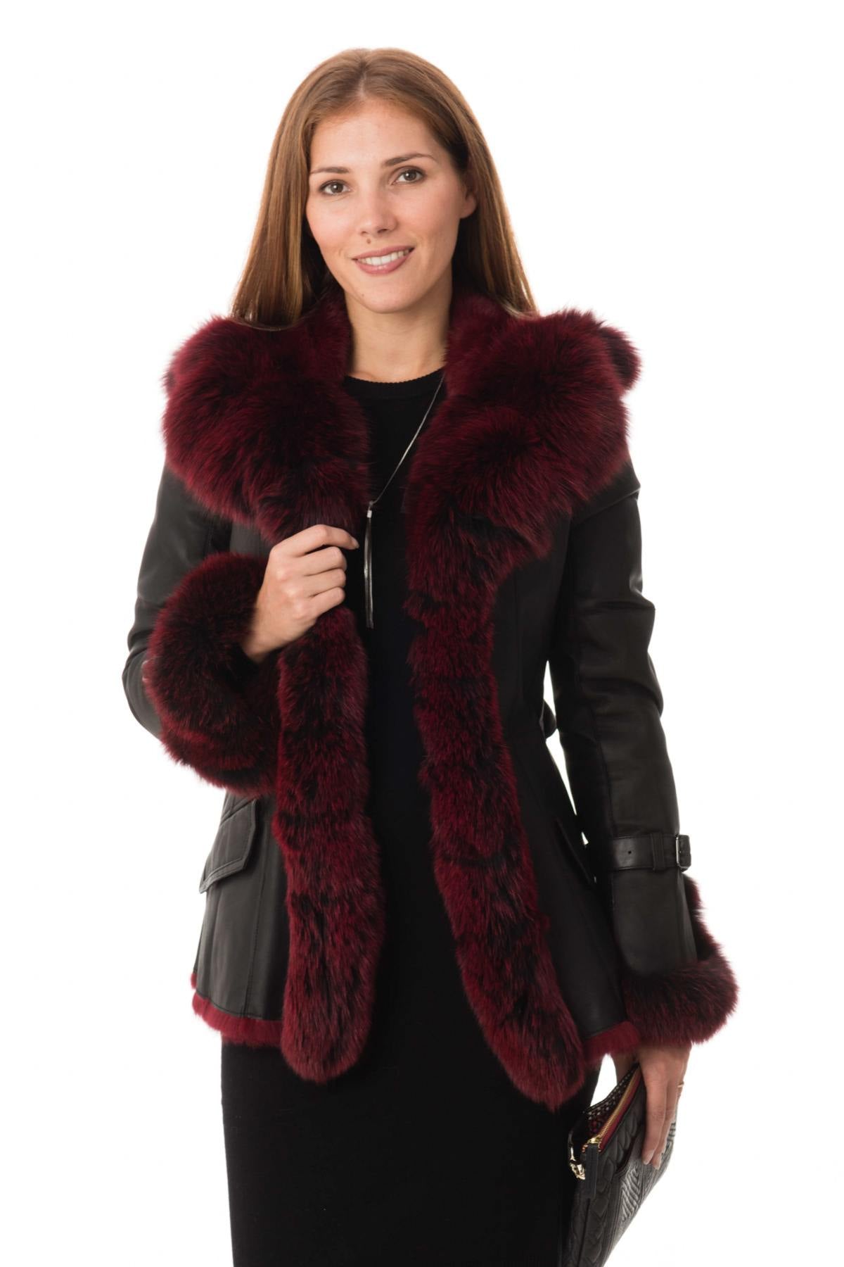 Black and red shearling rabbit jacket - Image n°3