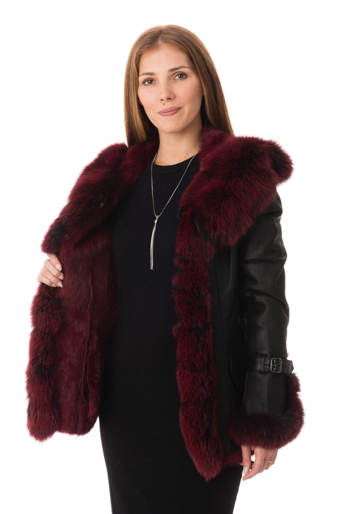 Black and red shearling rabbit jacket - Image n°6