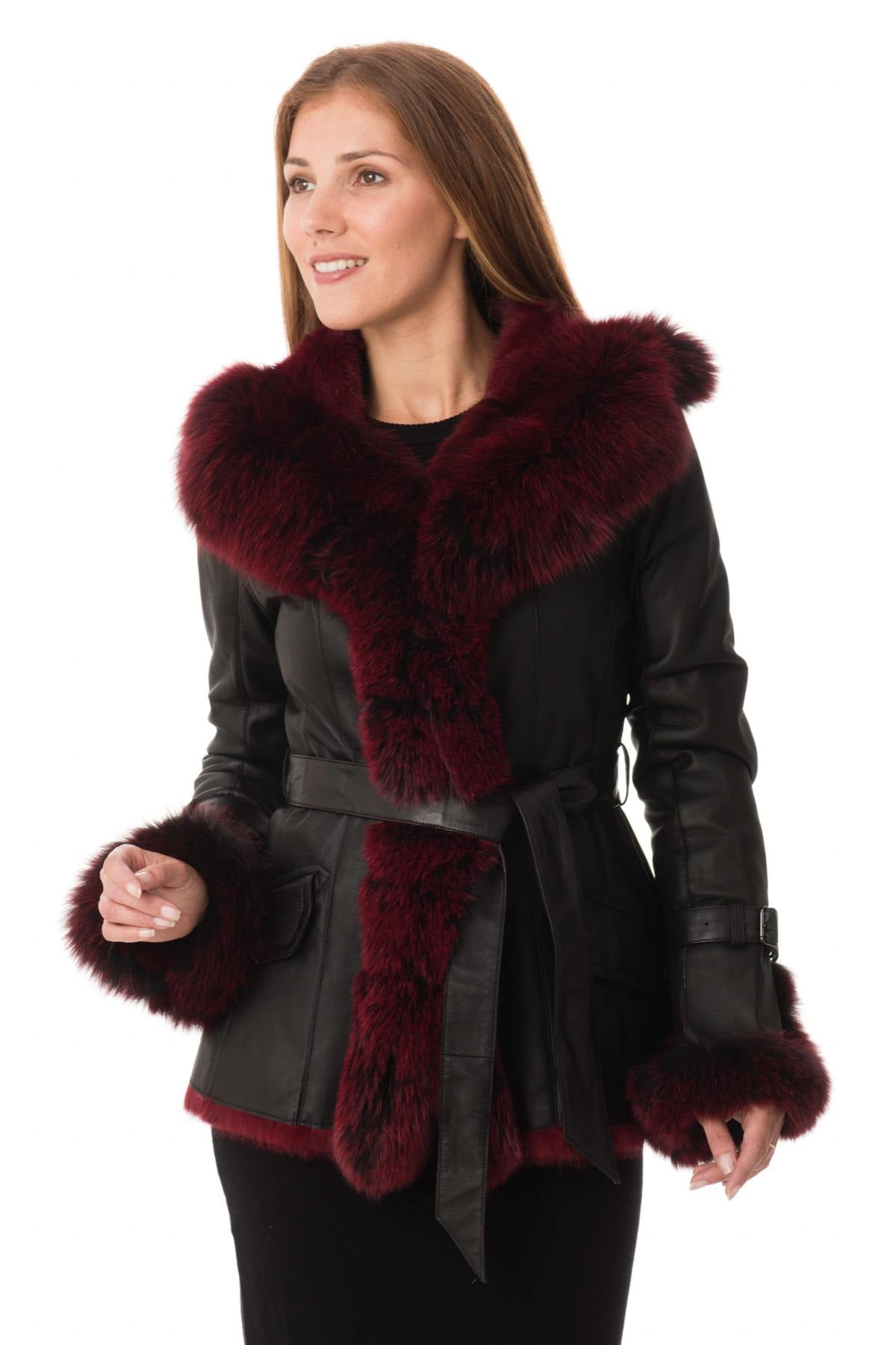 Black and red shearling rabbit jacket - Image n°4