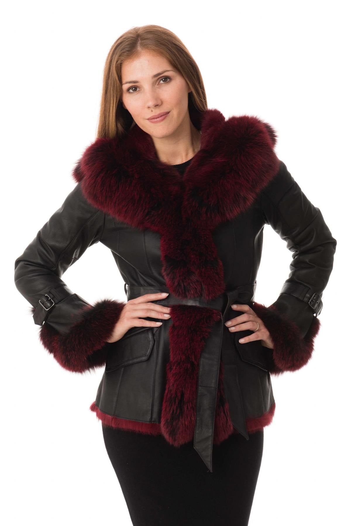 Black and red shearling rabbit jacket - Image n°1