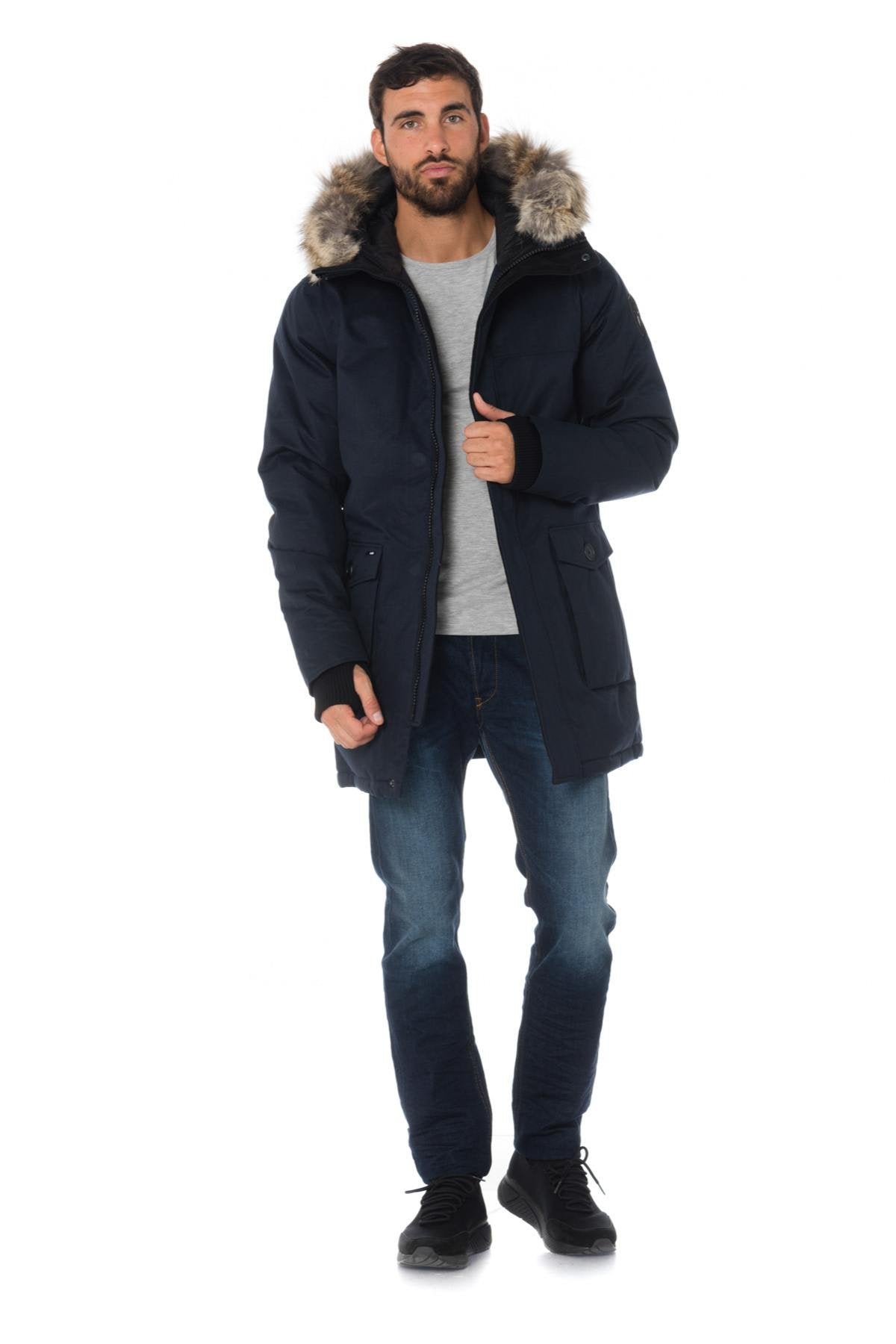 Nobis men's navy blue parka with coyote fur - Image n°2