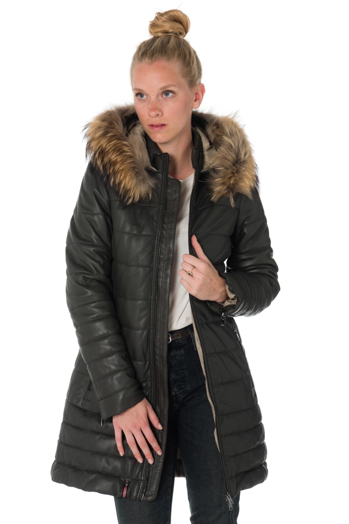 Women's down jacket in dark khaki sheepskin leather with raccoon fur - Image n°3