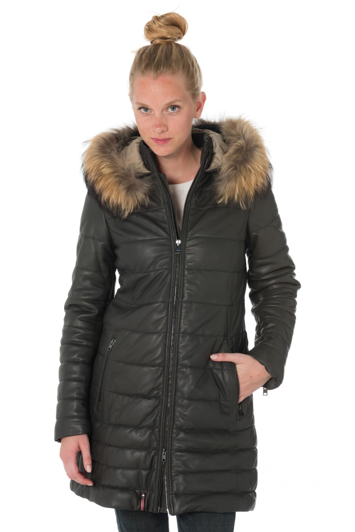 Women's down jacket in dark khaki sheepskin leather with raccoon fur - Image n°1