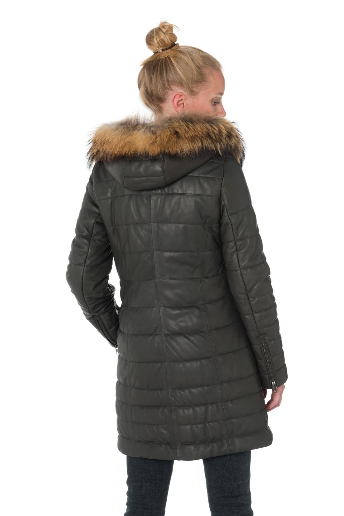 Women's down jacket in dark khaki sheepskin leather with raccoon fur - Image n°4