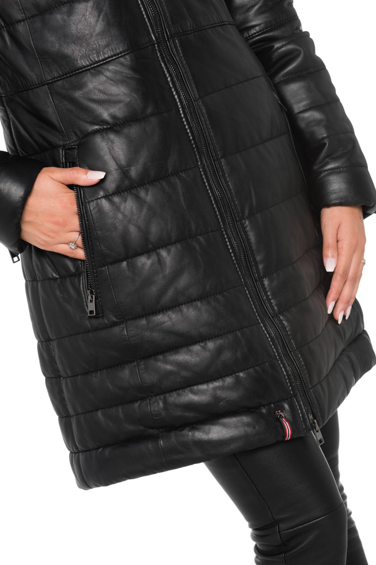 Women's down jacket in black sheepskin leather with raccoon fur - Image n°7