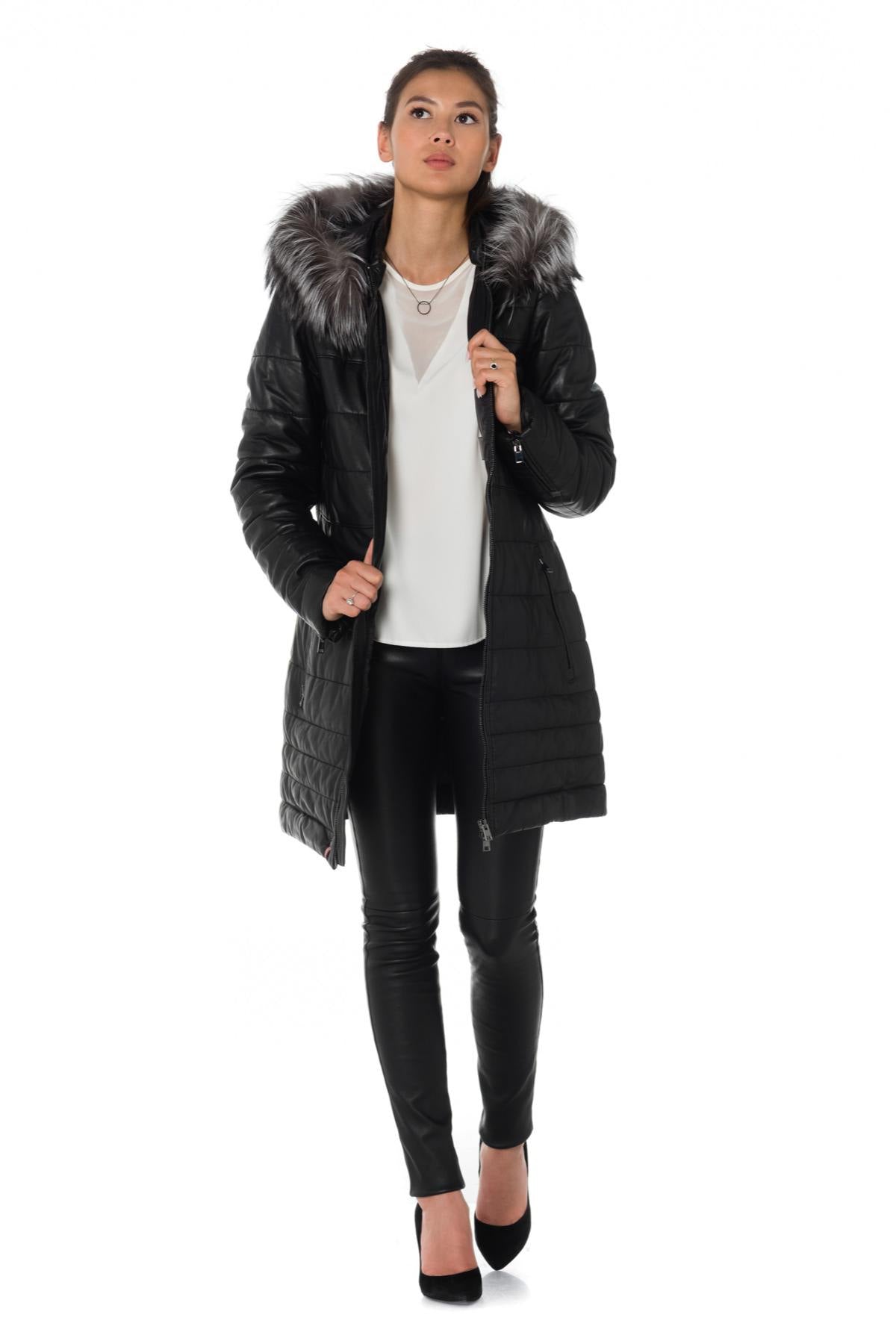 Women's down jacket in black sheepskin leather with raccoon fur - Image n°2