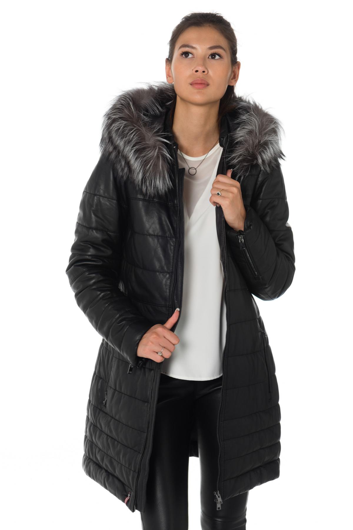 Women's down jacket in black sheepskin leather with raccoon fur - Image n°3