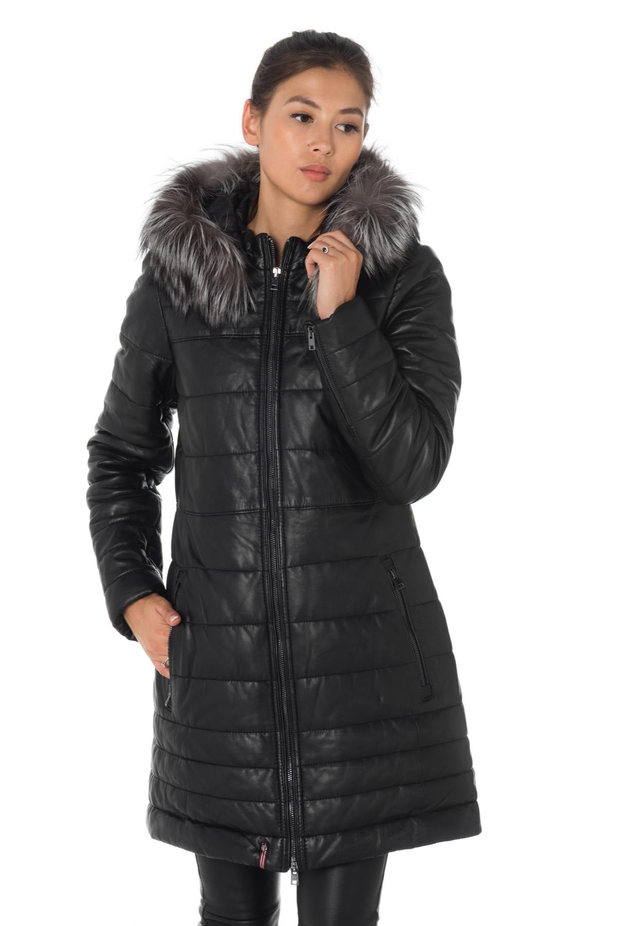 Women's down jacket in black sheepskin leather with raccoon fur - Image n°1