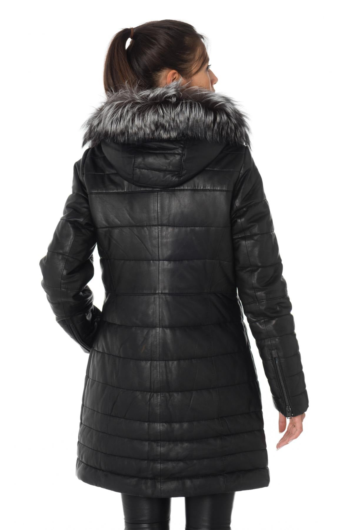 Women's down jacket in black sheepskin leather with raccoon fur - Image n°5