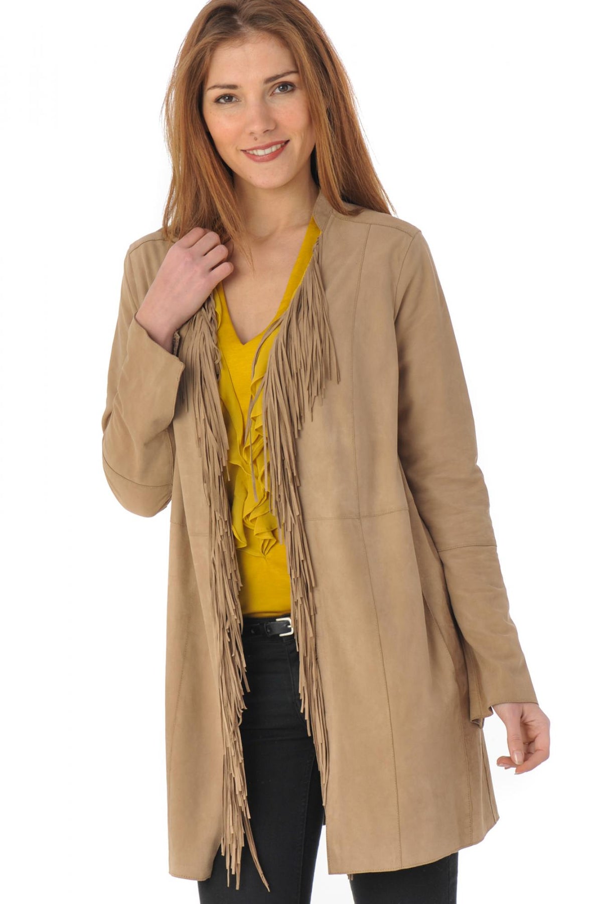 Long beige braided jacket with fringes - Image n°1