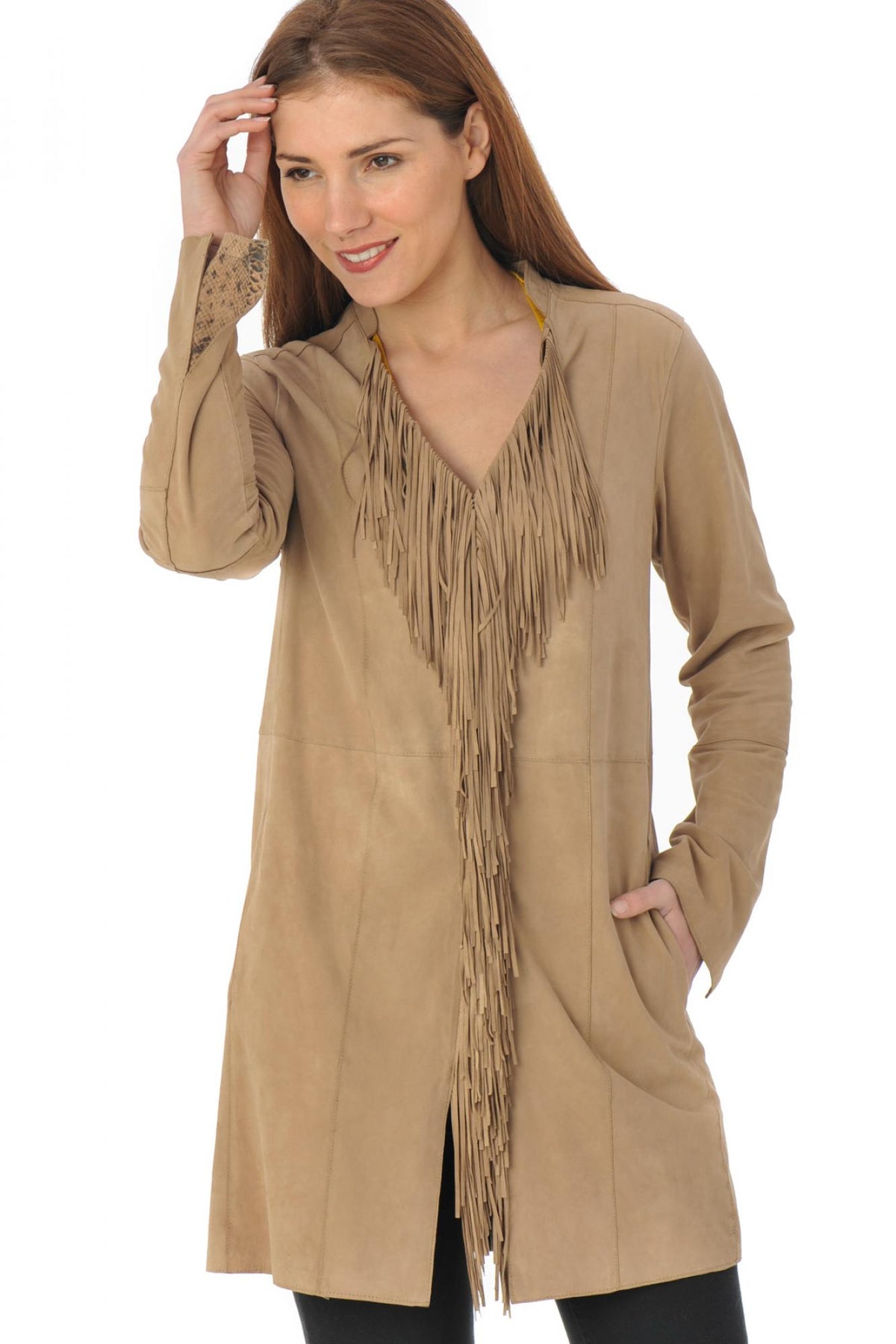 Long beige braided jacket with fringes - Image n°4