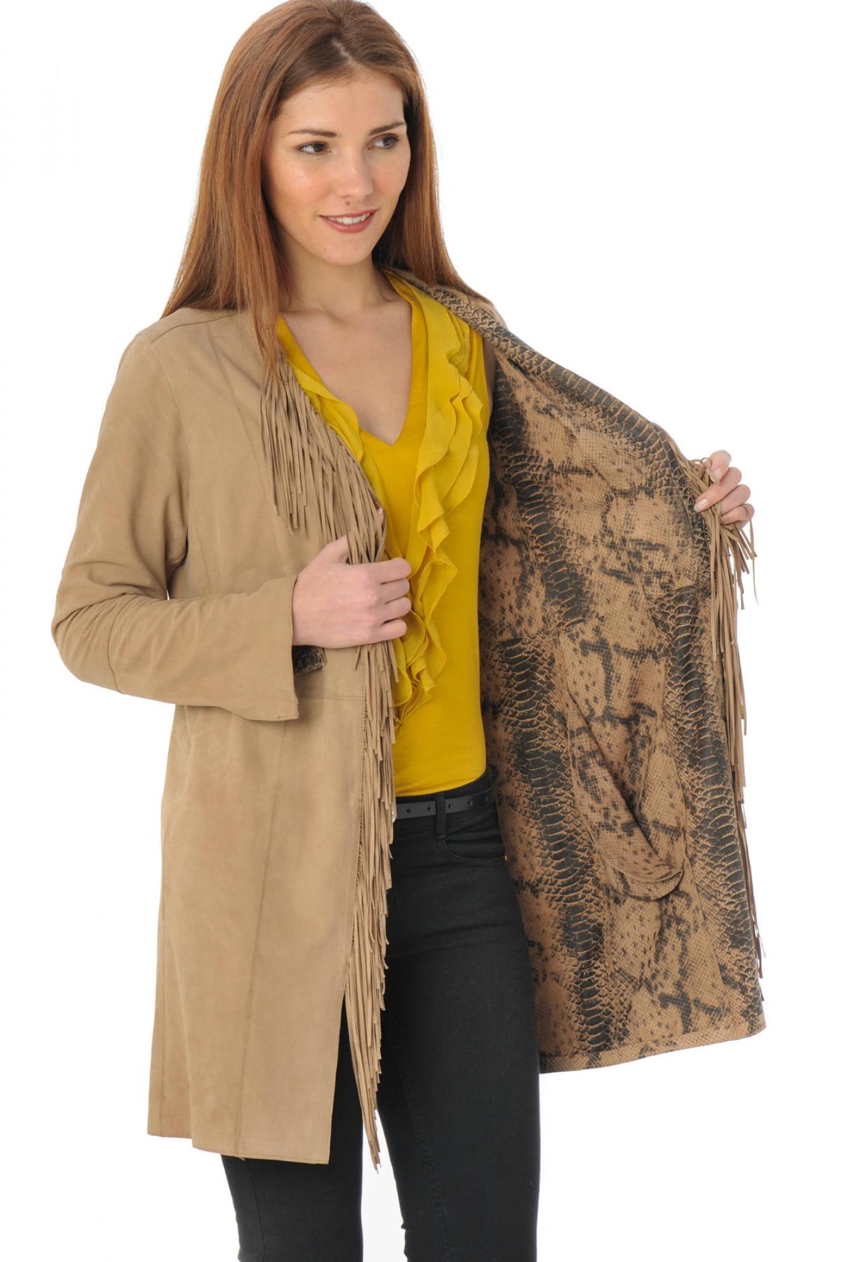 Long beige braided jacket with fringes - Image n°8