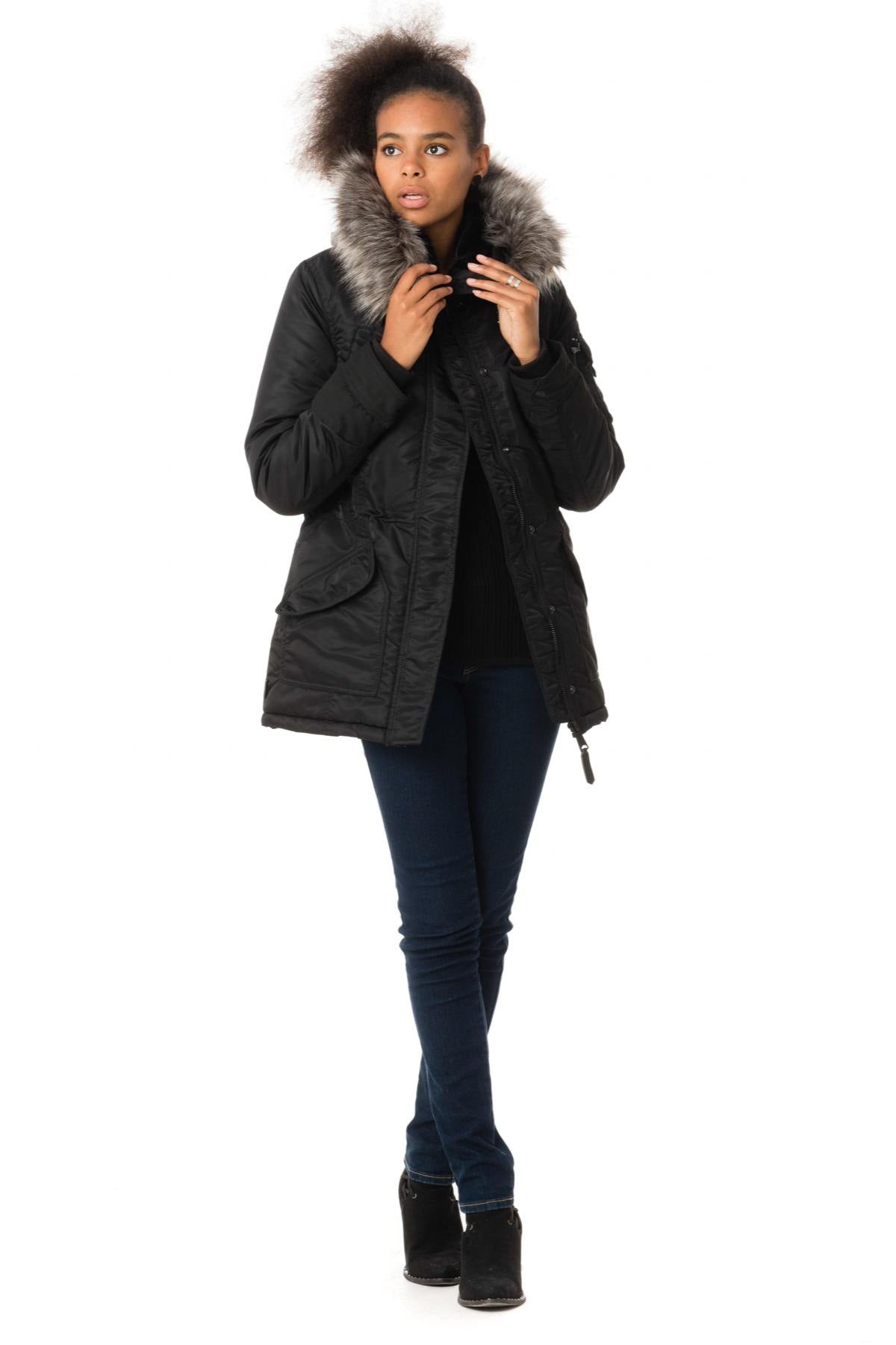 Women's black nylon parka with fur - Image n°2