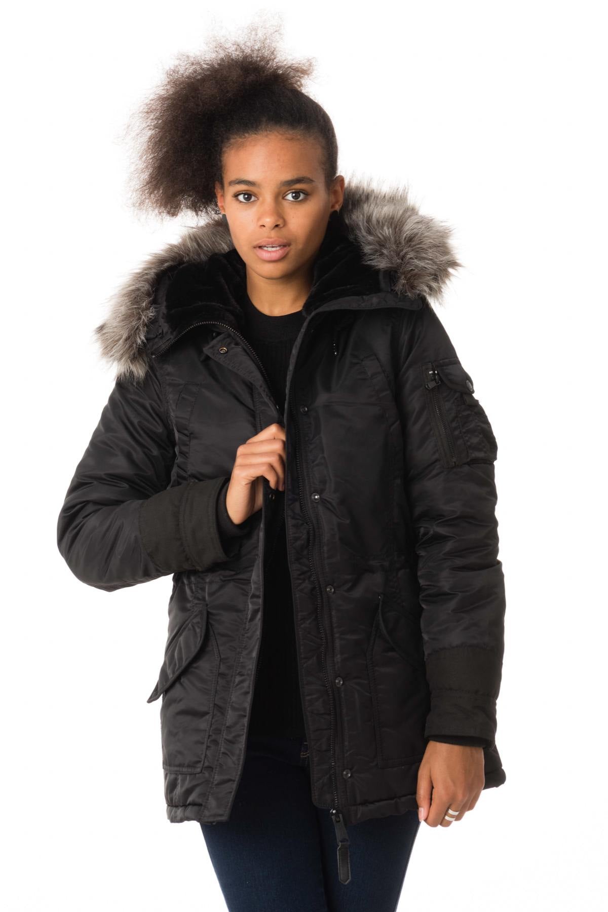 Women's black nylon parka with fur - Image n°3