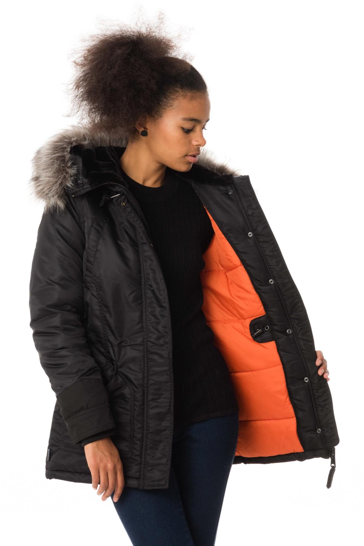 Women's black nylon parka with fur - Image n°5